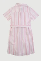 Girls Striped Tie Waist Belt Shirt Dress, Pink, Size 14-16