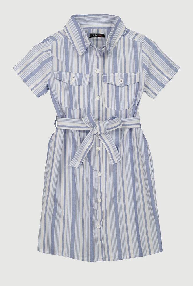 Girls Striped Tie Waist Belt Shirt Dress,