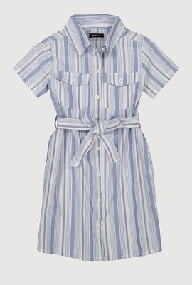 Girls Striped Tie Waist Belt Shirt Dress,