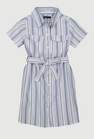 Girls Striped Tie Waist Belt Shirt Dress,