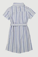 Girls Striped Tie Waist Belt Shirt Dress,