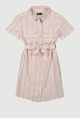 Girls Striped Tie Waist Belted Shirt Dress, Pink, Size 14-16