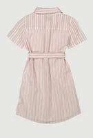 Girls Striped Tie Waist Belted Shirt Dress, Pink, Size 14-16