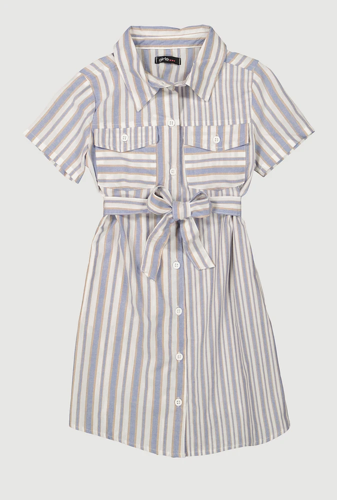 Girls Striped Tie Waist Belted Shirt Dress,