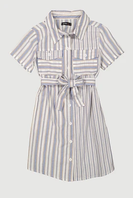 Girls Striped Tie Waist Belted Shirt Dress,