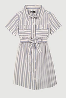 Girls Striped Tie Waist Belted Shirt Dress, Blue, Size 10-12