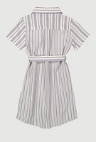 Girls Striped Tie Waist Belted Shirt Dress,