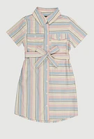 Girls Striped Tie Waist Belted Shirt Dress, Multi, Size 7-8