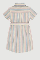 Girls Striped Tie Waist Belted Shirt Dress, Multi, Size 14-16