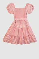 Girls Linen Smocked Button Front Tiered Dress, Pink, Size 14-16