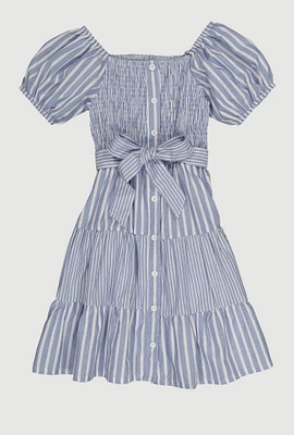 Girls Linen Smocked Button Front Tiered Dress, Blue,