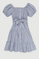 Girls Linen Smocked Button Front Tiered Dress, Blue,