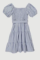 Girls Linen Smocked Button Front Tiered Dress,