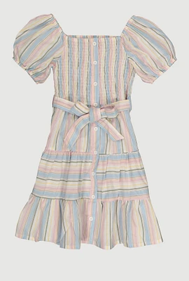 Girls Linen Smocked Button Front Tiered Dress, Multi, Size 7-8