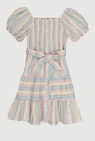 Girls Linen Smocked Button Front Tiered Dress, Multi, Size 7-8