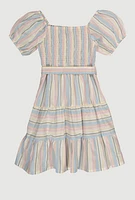 Girls Linen Smocked Button Front Tiered Dress, Multi, Size 7-8