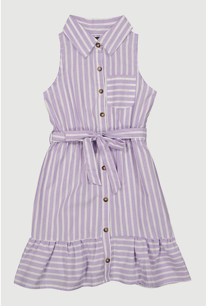 Girls Striped Sleeveless Flounce Hem Shirt Dress, Purple, Size 10-12