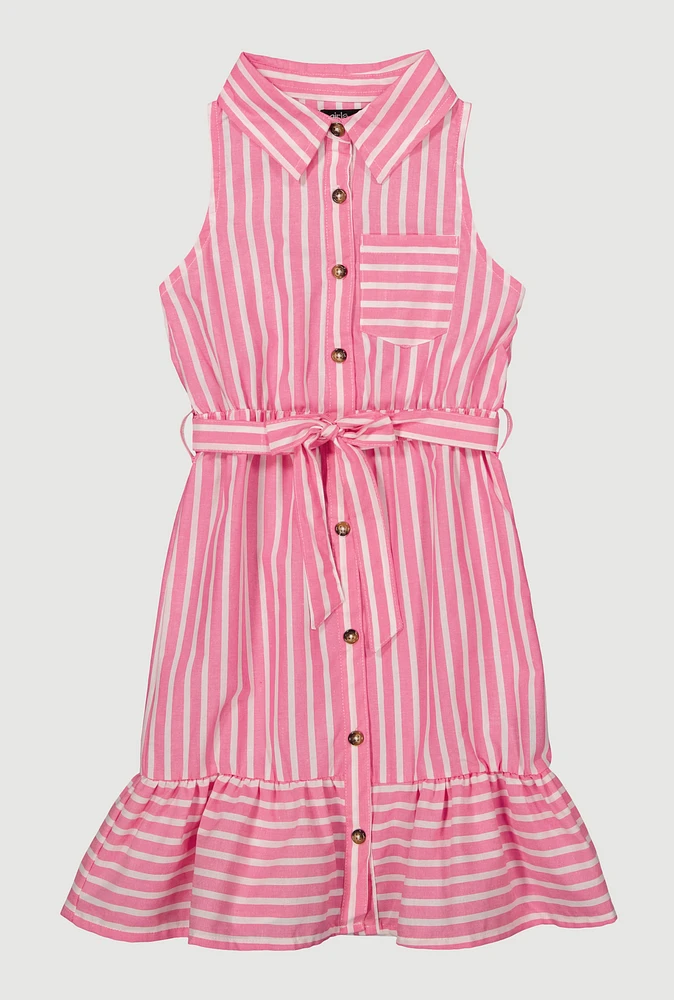 Girls Striped Sleeveless Flounce Hem Shirt Dress, Pink, Size 14-16