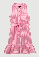Girls Striped Sleeveless Flounce Hem Shirt Dress, Pink, Size 14-16