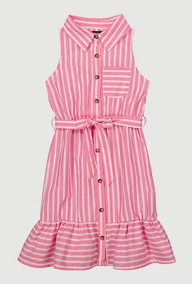 Girls Striped Sleeveless Flounce Hem Shirt Dress, Pink, Size 10-12