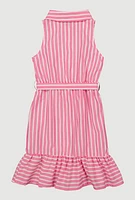 Girls Striped Sleeveless Flounce Hem Shirt Dress, Pink, Size 14-16