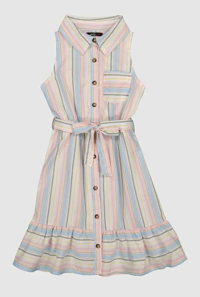 Girls Striped Sleeveless Flounce Hem Shirt Dress,