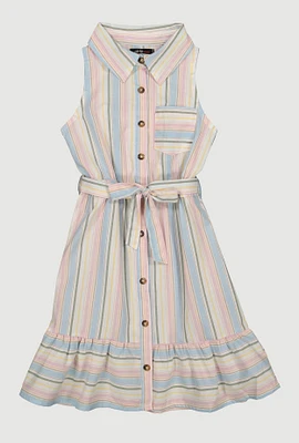 Girls Striped Sleeveless Flounce Hem Shirt Dress,