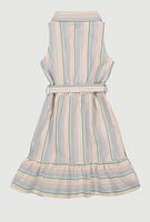 Girls Striped Sleeveless Flounce Hem Shirt Dress,