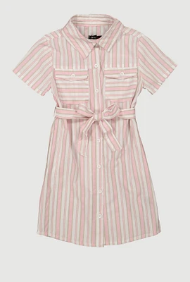 Girls Striped Short Sleeve Tie Front Shirt Dress, Pink, Size 14-16