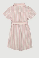 Girls Striped Short Sleeve Tie Front Shirt Dress, Pink, Size 14-16