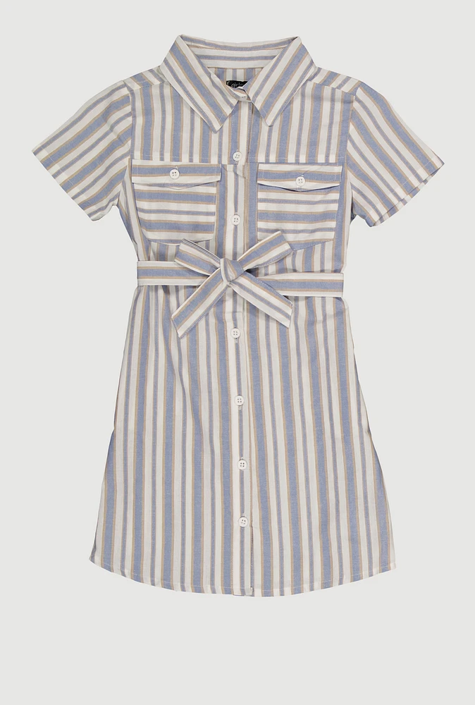 Girls Striped Short Sleeve Tie Front Shirt Dress, Blue, Size 14-16