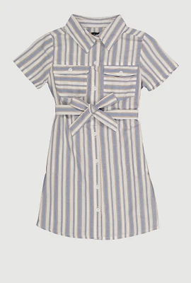 Girls Striped Short Sleeve Tie Front Shirt Dress, Blue, Size 14-16