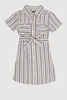 Girls Striped Short Sleeve Tie Front Shirt Dress, Blue, Size 14-16