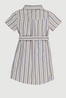 Girls Striped Short Sleeve Tie Front Shirt Dress, Blue, Size 10-12