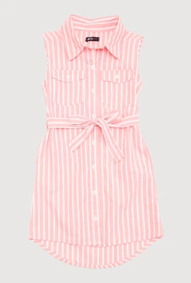 Girls Striped Sleeveless Shirt Dress, Pink,