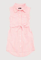 Girls Striped Sleeveless Shirt Dress, Pink, Size 14-16