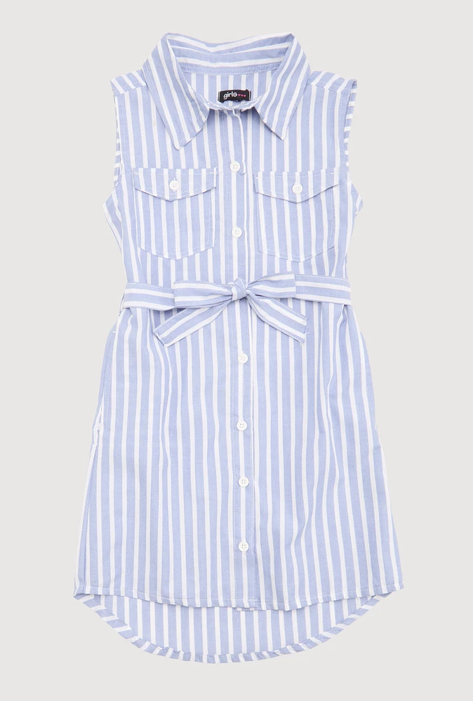 Girls Striped Sleeveless Shirt Dress, Blue, Size 14-16