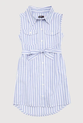 Girls Striped Sleeveless Shirt Dress, Blue, Size 14-16