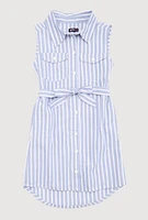 Girls Striped Sleeveless Shirt Dress, Blue, Size 14-16