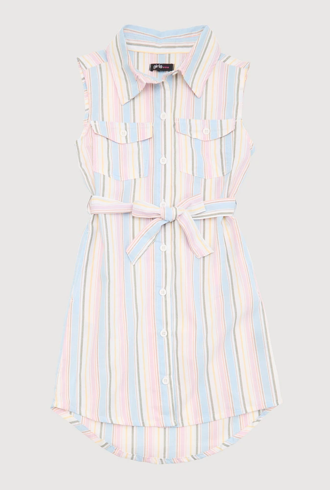 Girls Striped Sleeveless Shirt Dress, Multi, Size 10-12