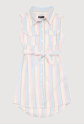 Girls Striped Sleeveless Shirt Dress, Multi, Size 10-12