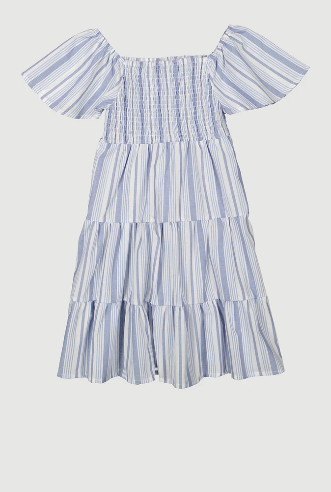 Girls Striped Smocked Tiered Dress, Blue,