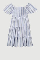 Girls Striped Smocked Tiered Dress, Blue,