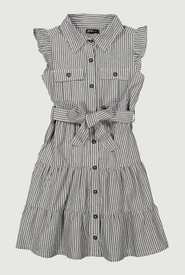 Girls Striped Tie Waist Tiered Shirt Dress, Black, Size 14-16