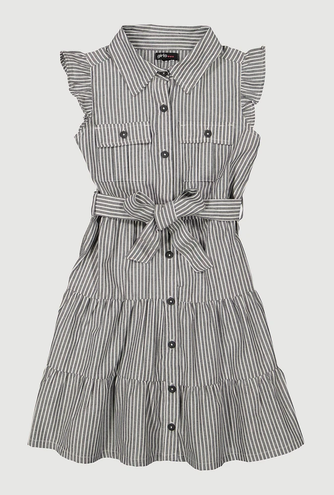 Girls Striped Tie Waist Tiered Shirt Dress, 10-12