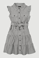 Girls Striped Tie Waist Tiered Shirt Dress, 10-12