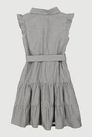 Girls Striped Tie Waist Tiered Shirt Dress, 10-12