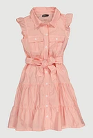 Girls Striped Tie Waist Tiered Shirt Dress, Pink, Size 7-8