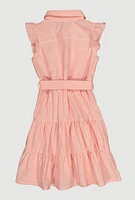 Girls Striped Tie Waist Tiered Shirt Dress, Pink, Size 7-8