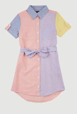 Girls Linen Color Blocked Pinstripe Shirt Dress, Multi,